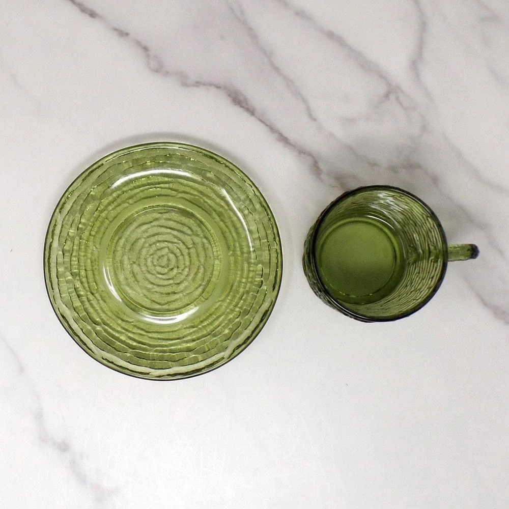 Vintage Anchor Hocking Soreno Avocado Green Glass Cup & Saucer, 6 oz (1966-70)